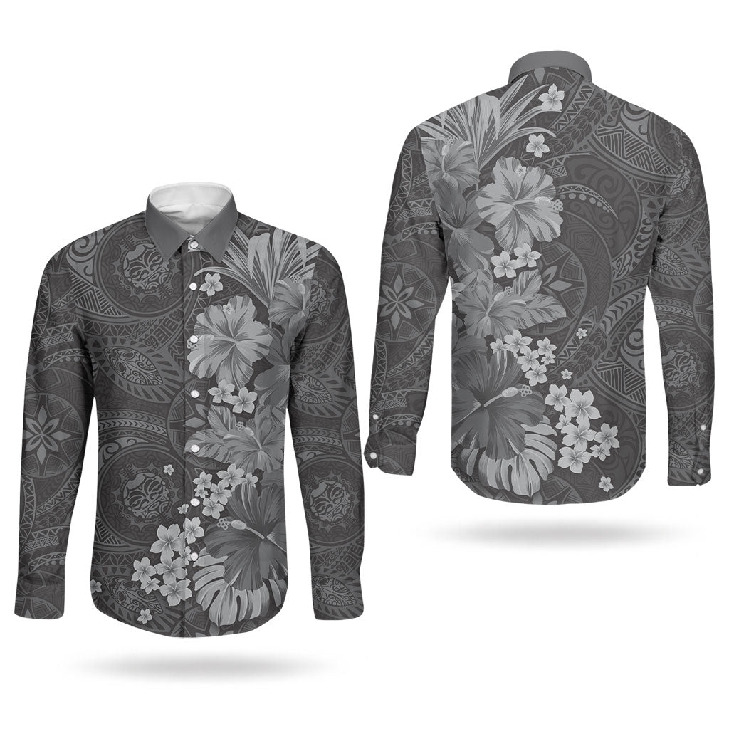 Pauli Hawai'i Hibiscus Couples Matching Off Shoulder Short Dress and Long Sleeve Button Shirt Polynesian Tribal Tattoo Pattern Floral Elements