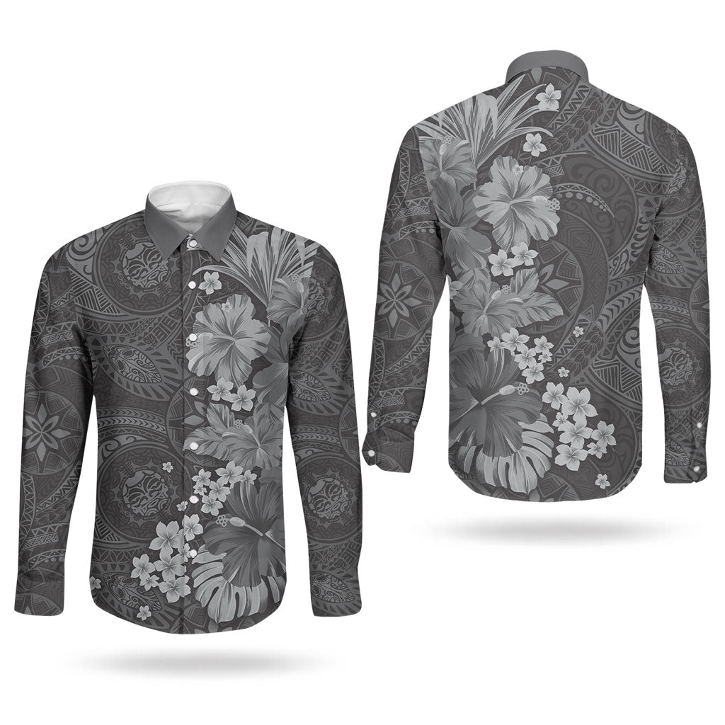 Pauli Hawai'i Hibiscus Couples Matching Off The Shoulder Long Sleeve Dress and Long Sleeve Button Shirt Polynesian Tribal Tattoo Pattern Floral Elements