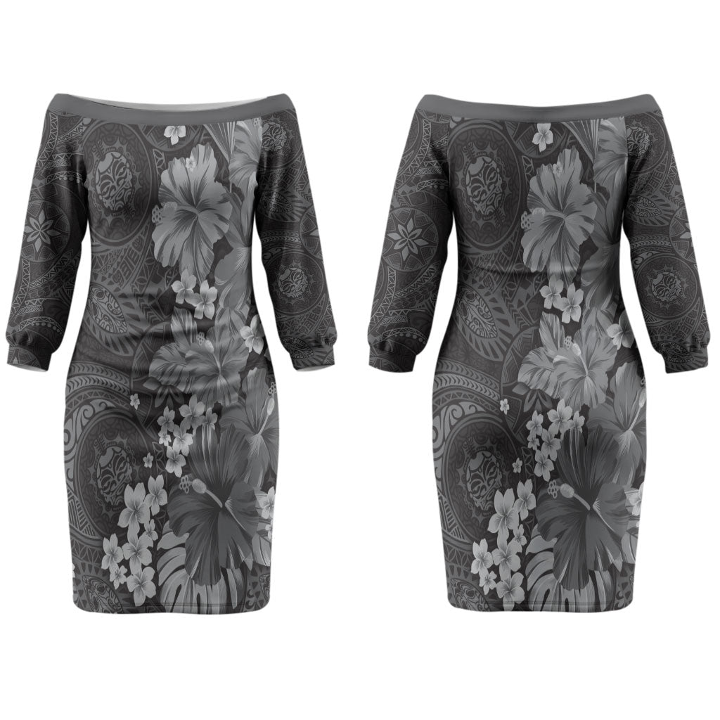 Pauli Hawai'i Hibiscus Couples Matching Off The Shoulder Long Sleeve Dress and Long Sleeve Button Shirt Polynesian Tribal Tattoo Pattern Floral Elements