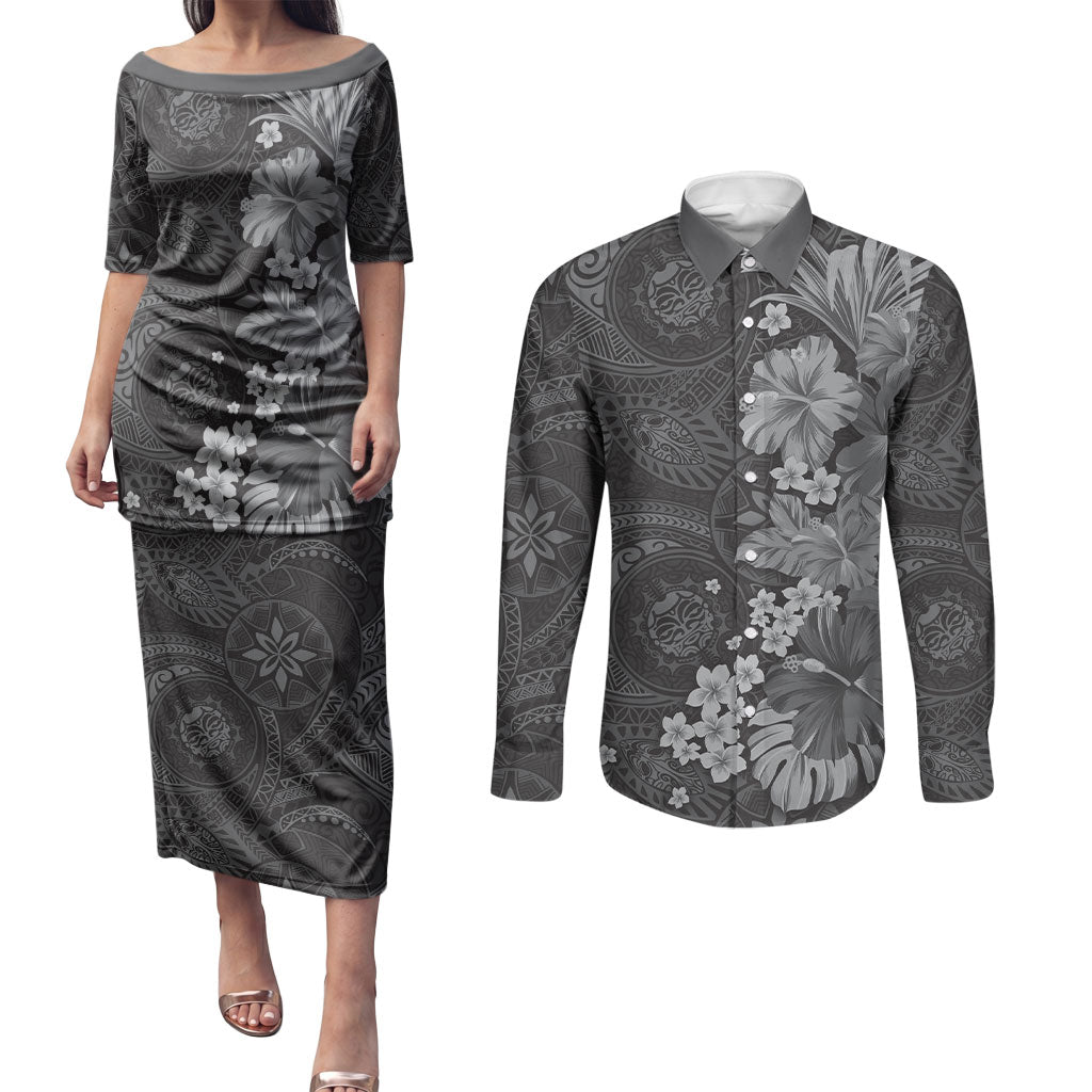 Pauli Hawai'i Hibiscus Couples Matching Puletasi and Long Sleeve Button Shirt Polynesian Tribal Tattoo Pattern Floral Elements