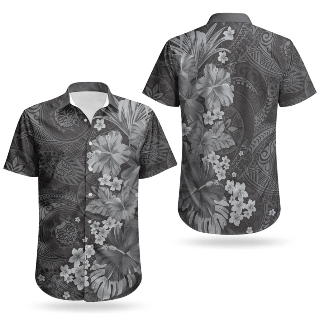 Pauli Hawai'i Hibiscus Couples Matching Short Sleeve Bodycon Dress and Hawaiian Shirt Polynesian Tribal Tattoo Pattern Floral Elements