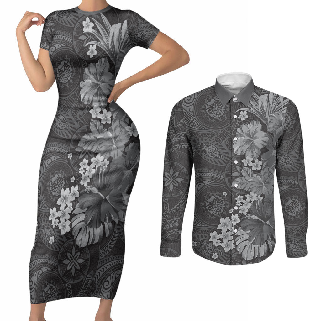 Pauli Hawai'i Hibiscus Couples Matching Short Sleeve Bodycon Dress and Long Sleeve Button Shirt Polynesian Tribal Tattoo Pattern Floral Elements