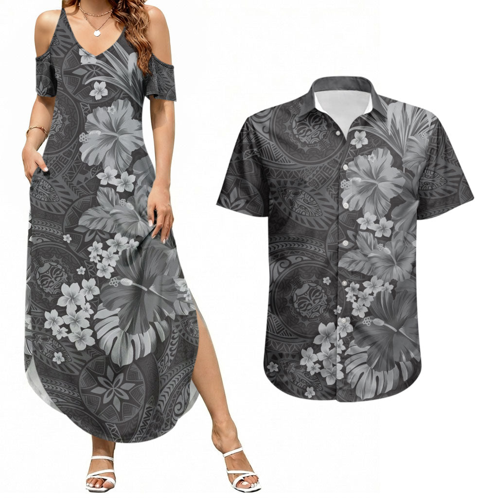 Pauli Hawai'i Hibiscus Couples Matching Summer Maxi Dress and Hawaiian Shirt Polynesian Tribal Tattoo Pattern Floral Elements