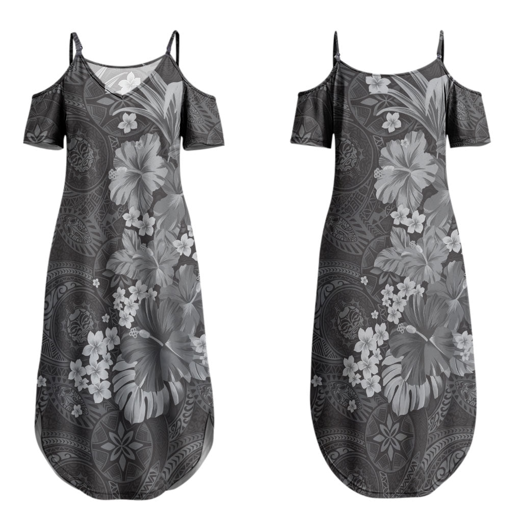 Pauli Hawai'i Hibiscus Couples Matching Summer Maxi Dress and Long Sleeve Button Shirt Polynesian Tribal Tattoo Pattern Floral Elements