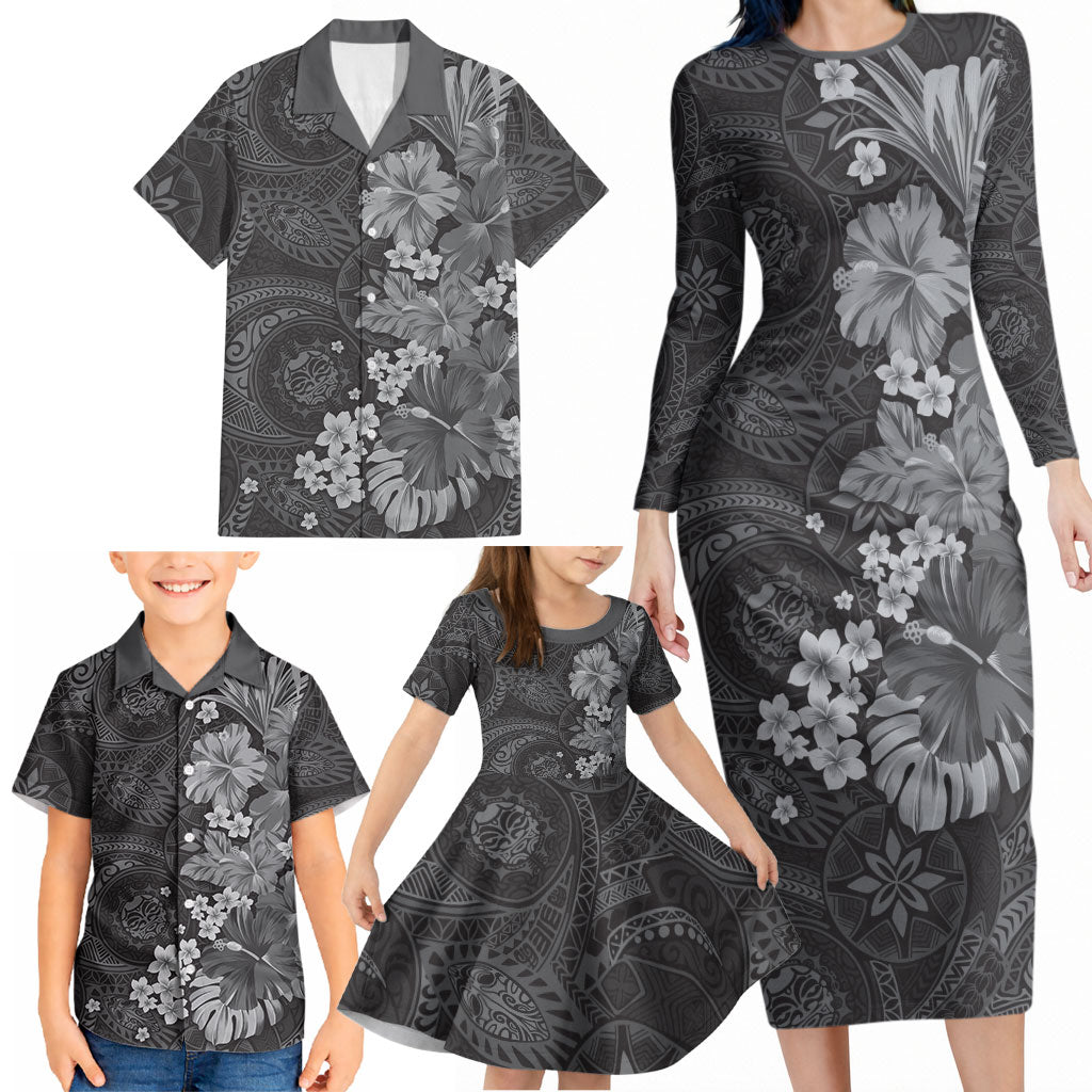 Pauli Hawai'i Hibiscus Family Matching Long Sleeve Bodycon Dress and Hawaiian Shirt Polynesian Tribal Tattoo Pattern Floral Elements