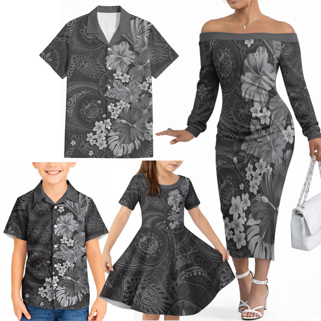 Pauli Hawai'i Hibiscus Family Matching Off The Shoulder Long Sleeve Dress and Hawaiian Shirt Polynesian Tribal Tattoo Pattern Floral Elements
