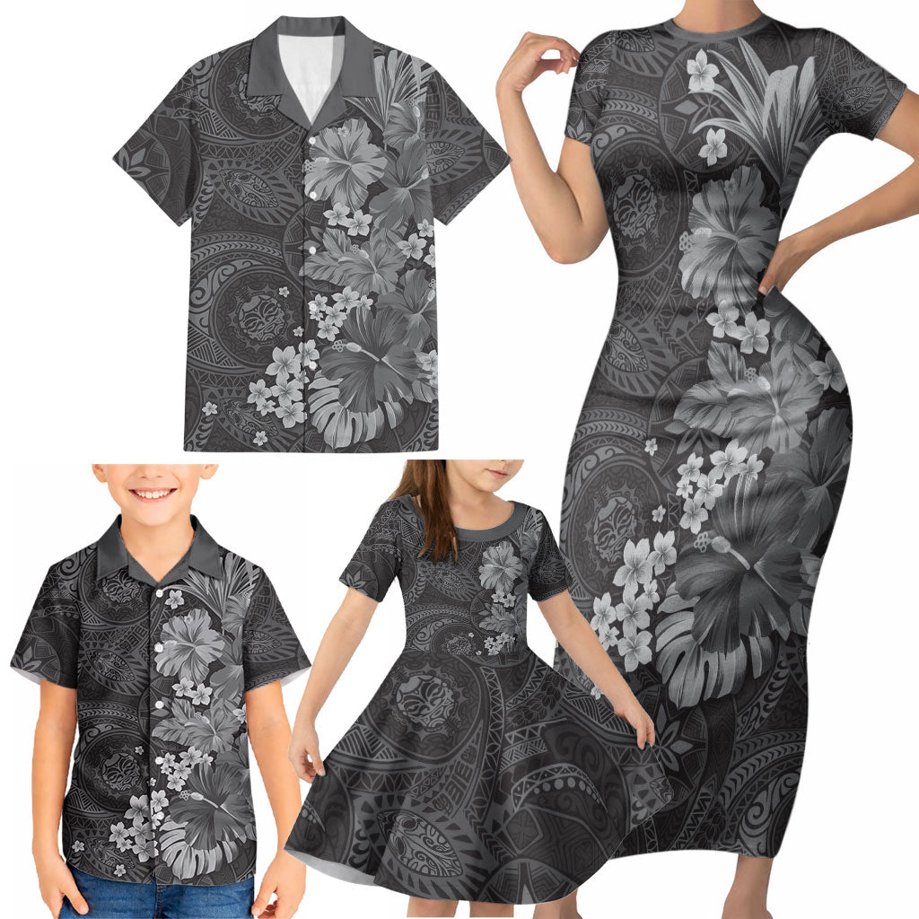 Pauli Hawai'i Hibiscus Family Matching Short Sleeve Bodycon Dress and Hawaiian Shirt Polynesian Tribal Tattoo Pattern Floral Elements
