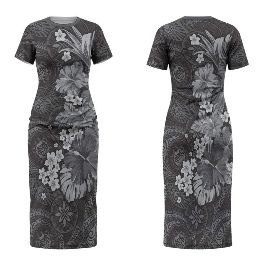 Pauli Hawai'i Hibiscus Family Matching Short Sleeve Bodycon Dress and Hawaiian Shirt Polynesian Tribal Tattoo Pattern Floral Elements