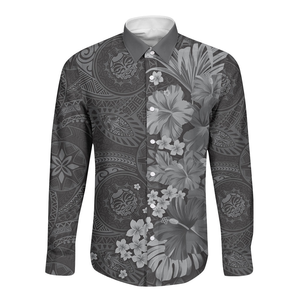 Pauli Hawai'i Hibiscus Long Sleeve Button Shirt Polynesian Tribal Tattoo Pattern Floral Elements