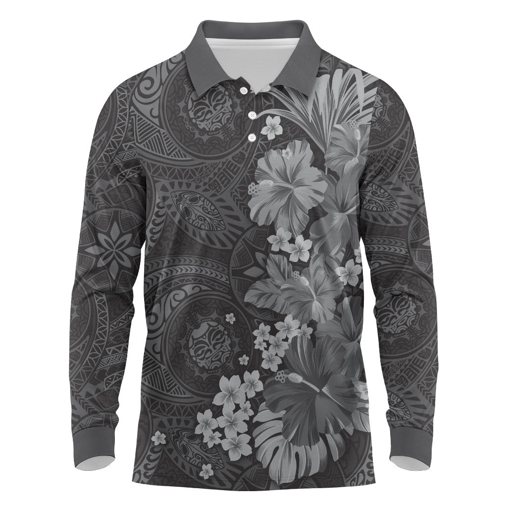 Pauli Hawai'i Hibiscus Long Sleeve Polo Shirt Polynesian Tribal Tattoo Pattern Floral Elements