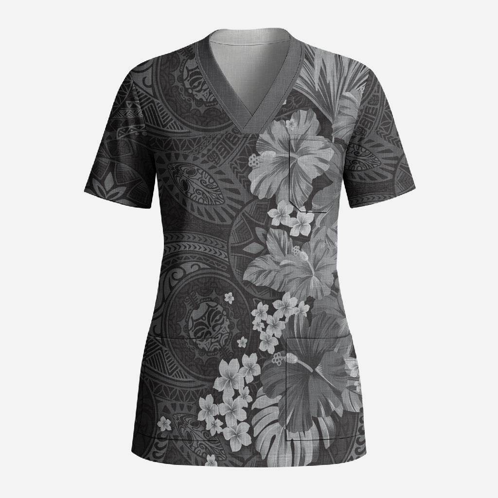 Pauli Hawai'i Hibiscus Scrub Top Polynesian Tribal Tattoo Pattern Floral Elements LT9 Adult Soft Black - Polynesian Pride