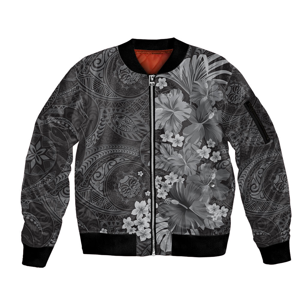 Pauli Hawai'i Hibiscus Sleeve Zip Bomber Jacket Polynesian Tribal Tattoo Pattern Floral Elements LT9 Unisex Soft Black - Polynesian Pride