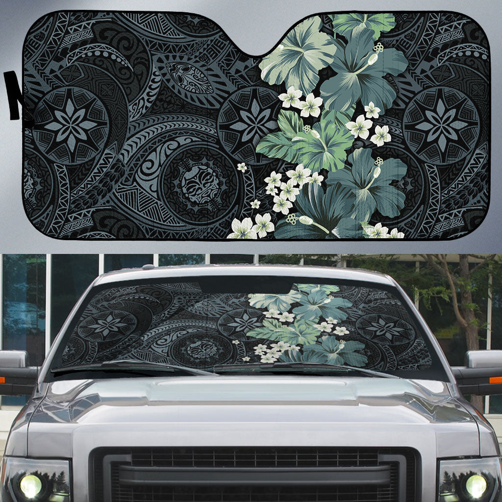 Pauliuli Hawai'i Hibiscus Auto Sun Shade Polynesian Tribal Tattoo Pattern Floral Elements LT9 Charcoal Blue - Polynesian Pride