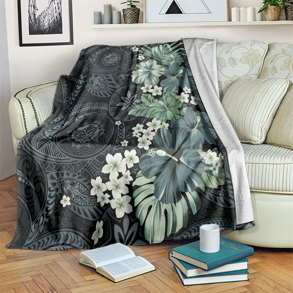 Pauliuli Hawai'i Hibiscus Blanket Polynesian Tribal Tattoo Pattern Floral Elements LT9 Charcoal Blue - Polynesian Pride