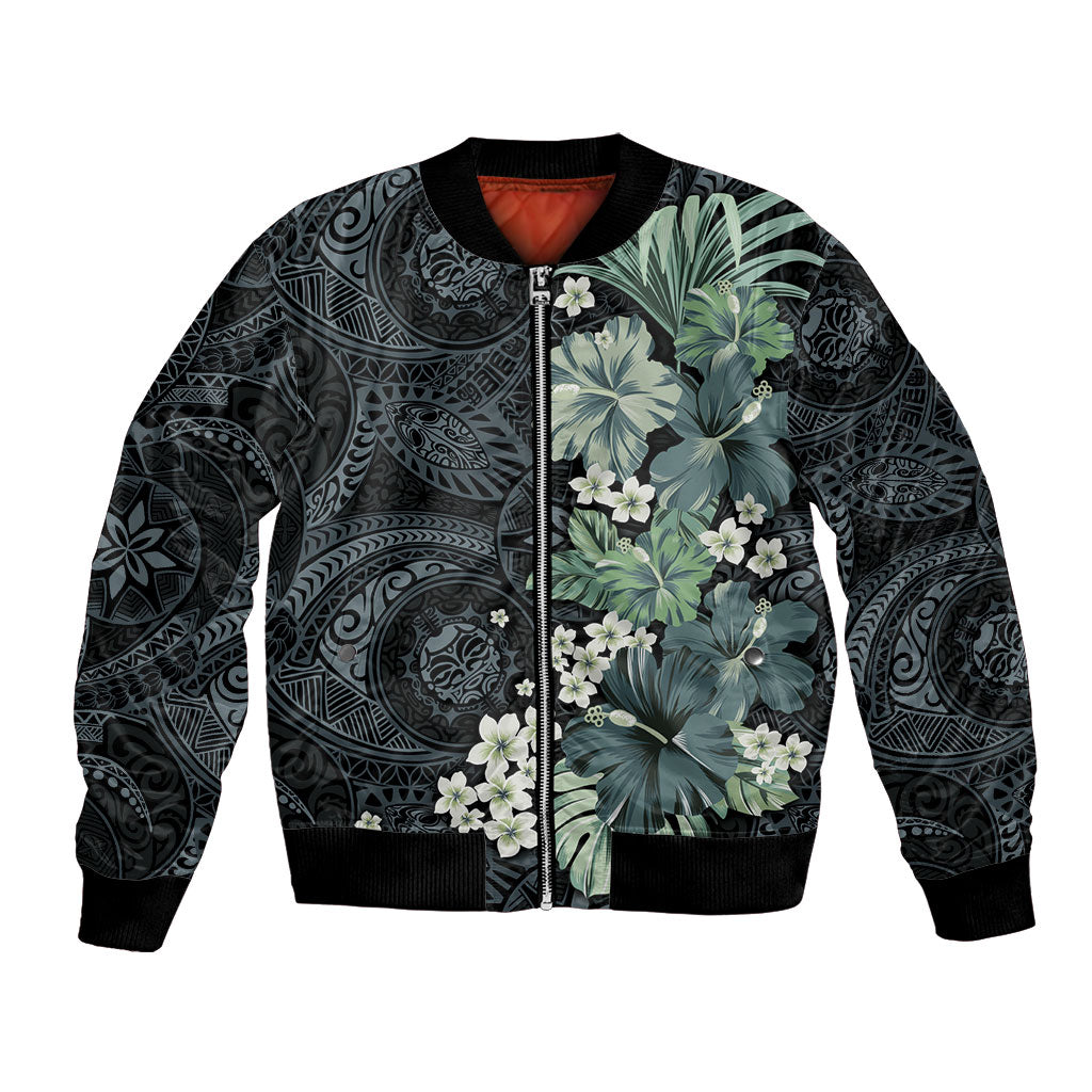 Pauliuli Hawai'i Hibiscus Bomber Jacket Polynesian Tribal Tattoo Pattern Floral Elements