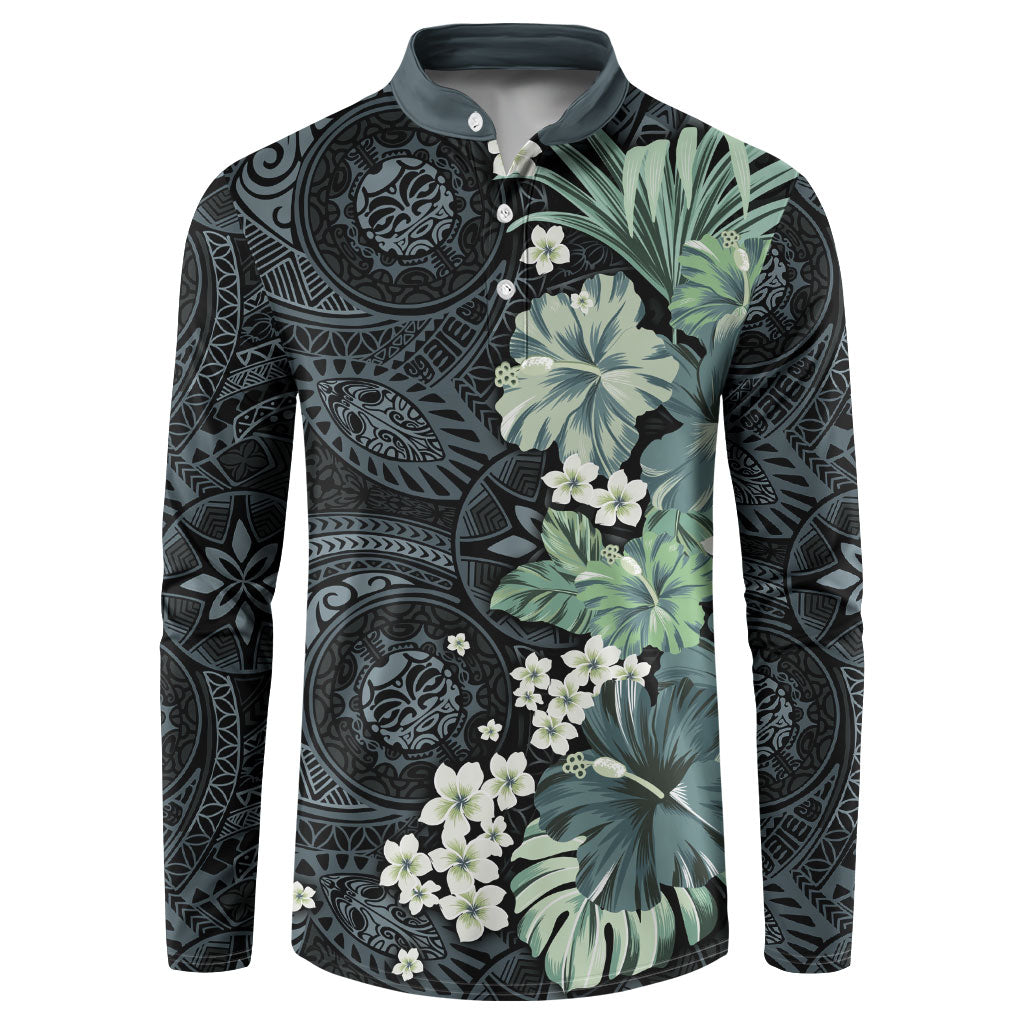 Pauliuli Hawai'i Hibiscus Button Sweatshirt Polynesian Tribal Tattoo Pattern Floral Elements LT9 Charcoal Blue - Polynesian Pride
