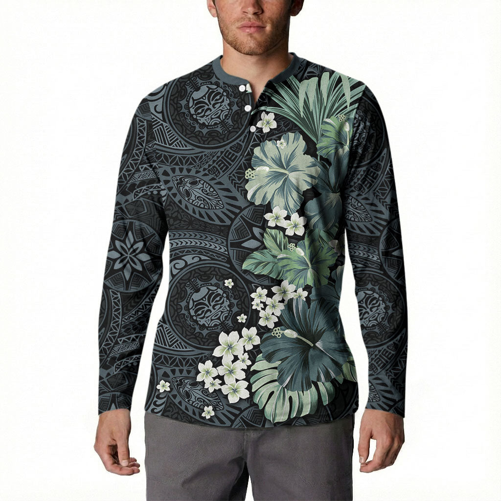 Pauliuli Hawai'i Hibiscus Button Sweatshirt Polynesian Tribal Tattoo Pattern Floral Elements