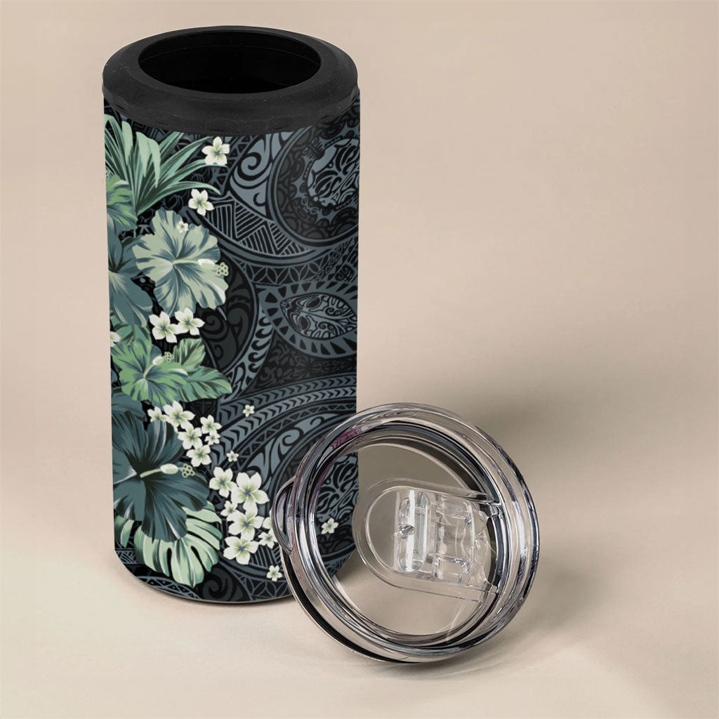 Pauliuli Hawai'i Hibiscus 4 in 1 Can Cooler Tumbler Polynesian Tribal Tattoo Pattern Floral Elements