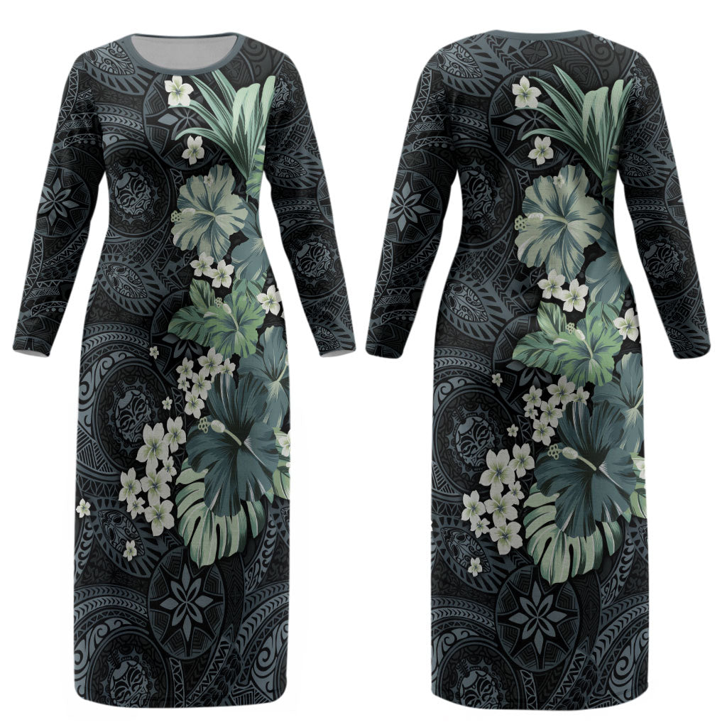 Pauliuli Hawai'i Hibiscus Couples Matching Long Sleeve Bodycon Dress and Hawaiian Shirt Polynesian Tribal Tattoo Pattern Floral Elements