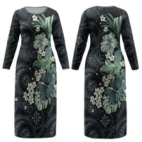 Pauliuli Hawai'i Hibiscus Couples Matching Long Sleeve Bodycon Dress and Hawaiian Shirt Polynesian Tribal Tattoo Pattern Floral Elements