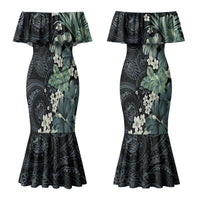 Pauliuli Hawai'i Hibiscus Couples Matching Mermaid Dress and Long Sleeve Button Shirt Polynesian Tribal Tattoo Pattern Floral Elements
