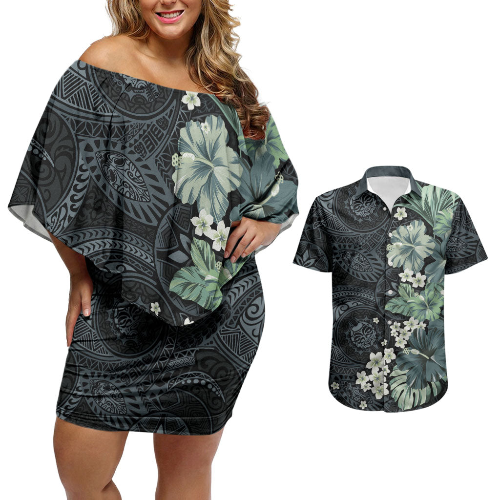 Pauliuli Hawai'i Hibiscus Couples Matching Off Shoulder Short Dress and Hawaiian Shirt Polynesian Tribal Tattoo Pattern Floral Elements