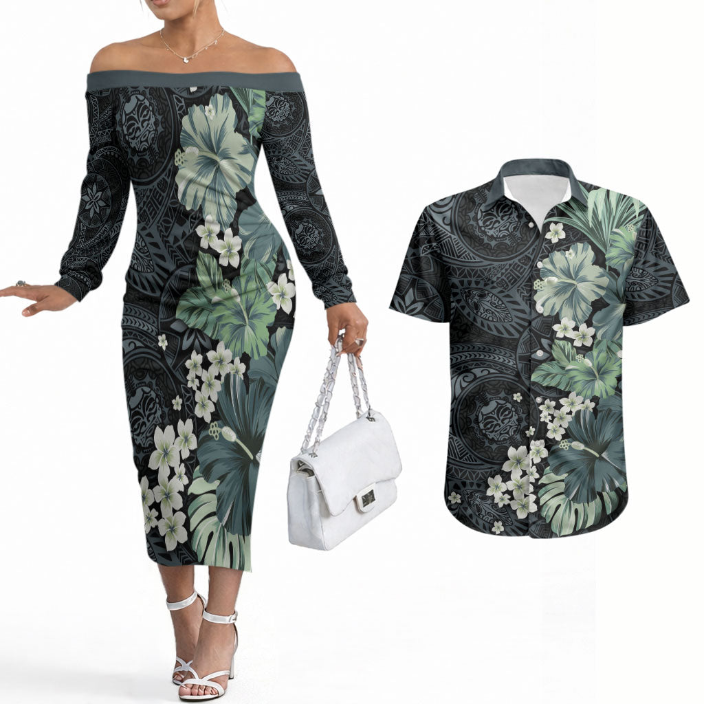 Pauliuli Hawai'i Hibiscus Couples Matching Off The Shoulder Long Sleeve Dress and Hawaiian Shirt Polynesian Tribal Tattoo Pattern Floral Elements