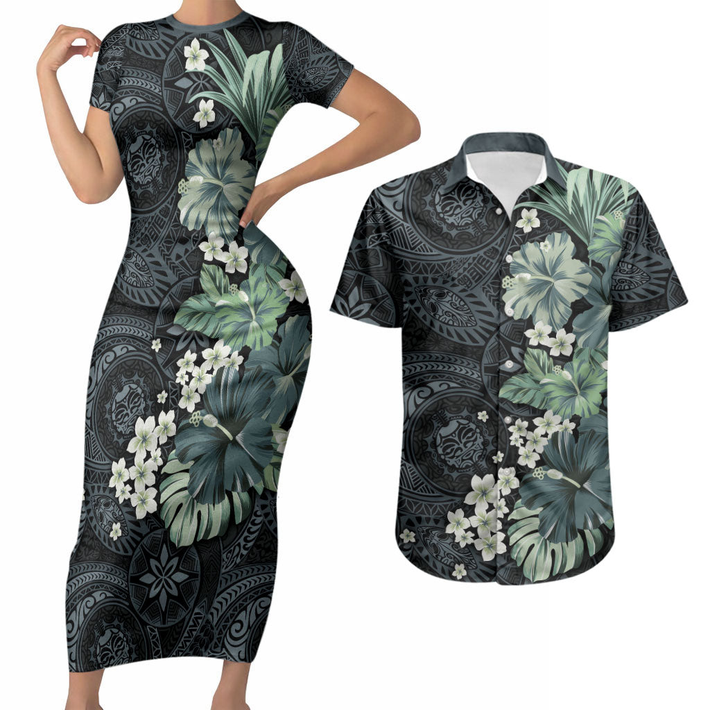 Pauliuli Hawai'i Hibiscus Couples Matching Short Sleeve Bodycon Dress and Hawaiian Shirt Polynesian Tribal Tattoo Pattern Floral Elements