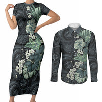 Pauliuli Hawai'i Hibiscus Couples Matching Short Sleeve Bodycon Dress and Long Sleeve Button Shirt Polynesian Tribal Tattoo Pattern Floral Elements