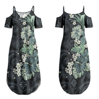 Pauliuli Hawai'i Hibiscus Couples Matching Summer Maxi Dress and Hawaiian Shirt Polynesian Tribal Tattoo Pattern Floral Elements