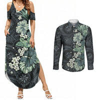 Pauliuli Hawai'i Hibiscus Couples Matching Summer Maxi Dress and Long Sleeve Button Shirt Polynesian Tribal Tattoo Pattern Floral Elements