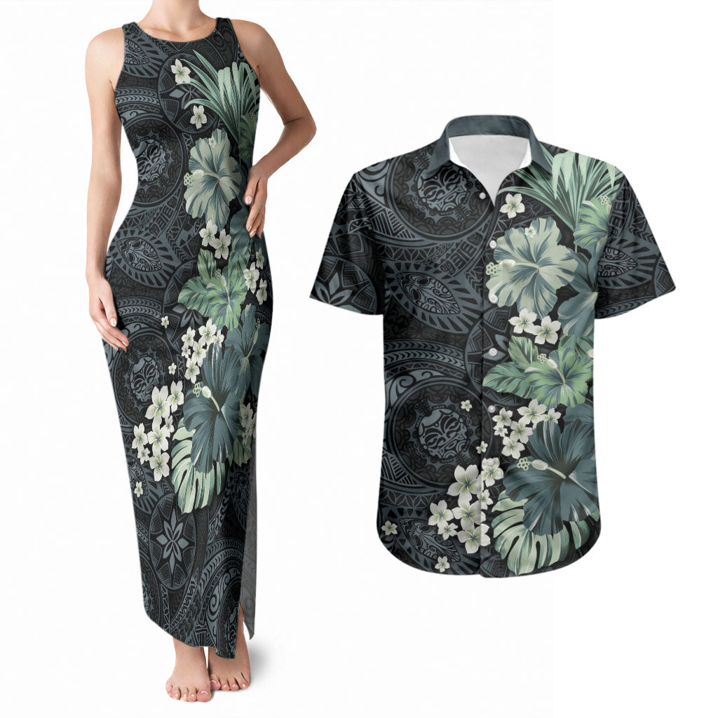 Pauliuli Hawai'i Hibiscus Couples Matching Tank Maxi Dress and Hawaiian Shirt Polynesian Tribal Tattoo Pattern Floral Elements