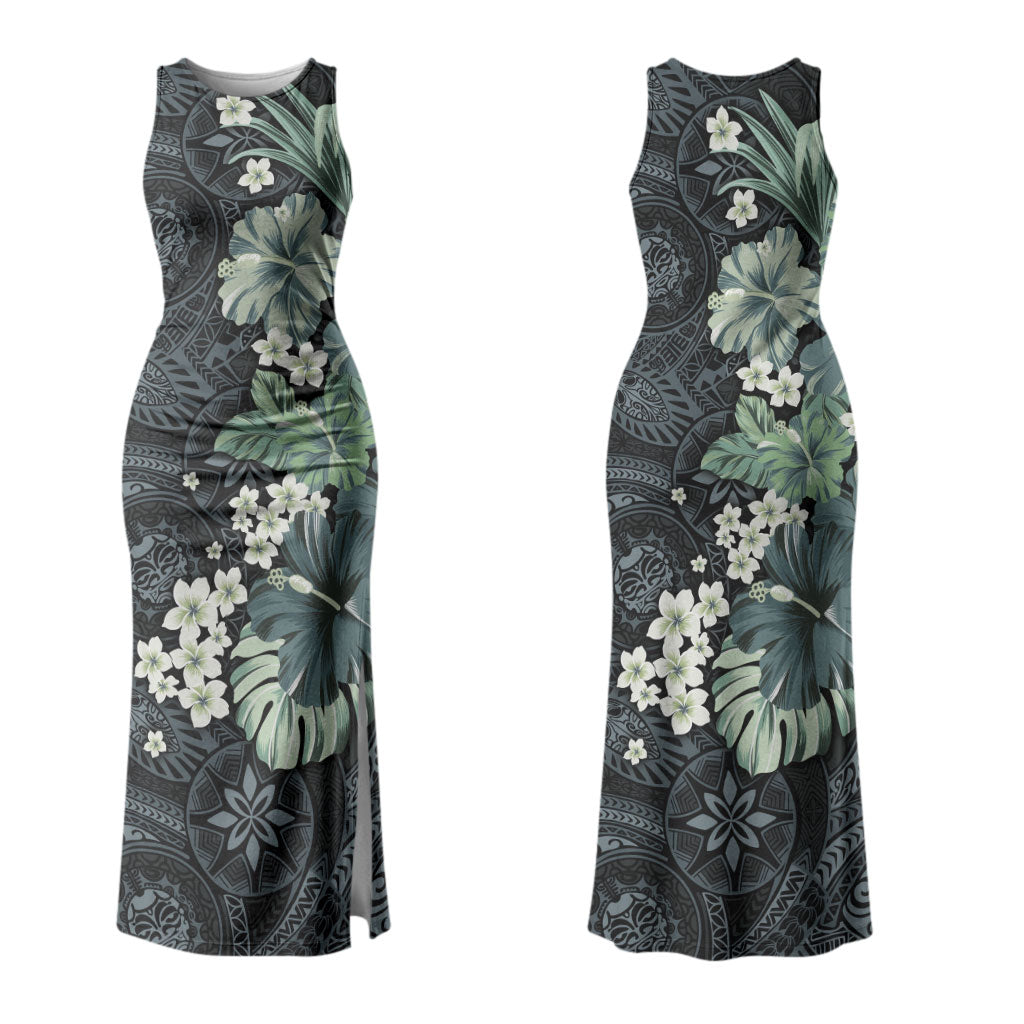 Pauliuli Hawai'i Hibiscus Couples Matching Tank Maxi Dress and Long Sleeve Button Shirt Polynesian Tribal Tattoo Pattern Floral Elements