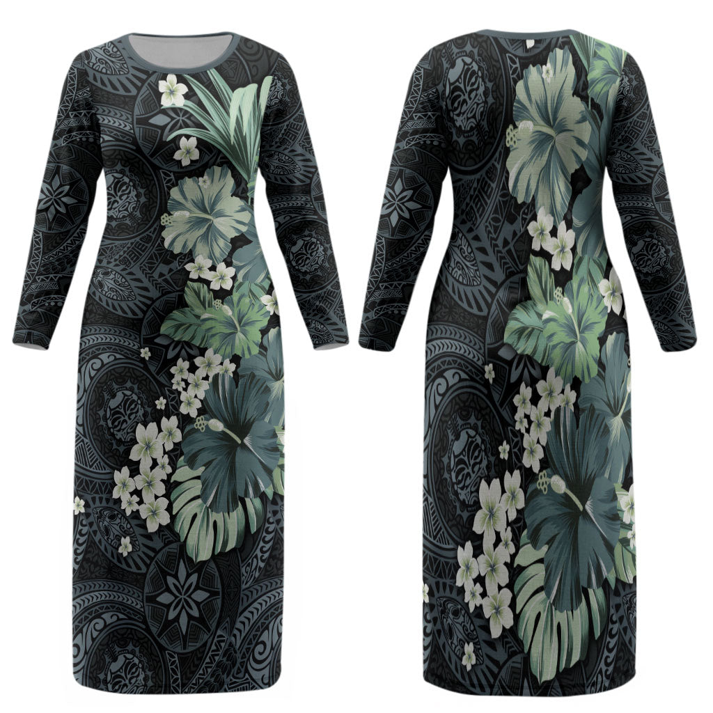 Pauliuli Hawai'i Hibiscus Family Matching Long Sleeve Bodycon Dress and Hawaiian Shirt Polynesian Tribal Tattoo Pattern Floral Elements