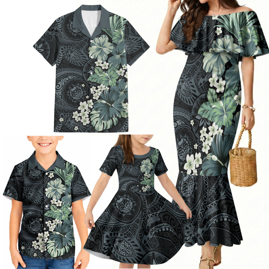 Pauliuli Hawai'i Hibiscus Family Matching Mermaid Dress and Hawaiian Shirt Polynesian Tribal Tattoo Pattern Floral Elements LT9 - Polynesian Pride