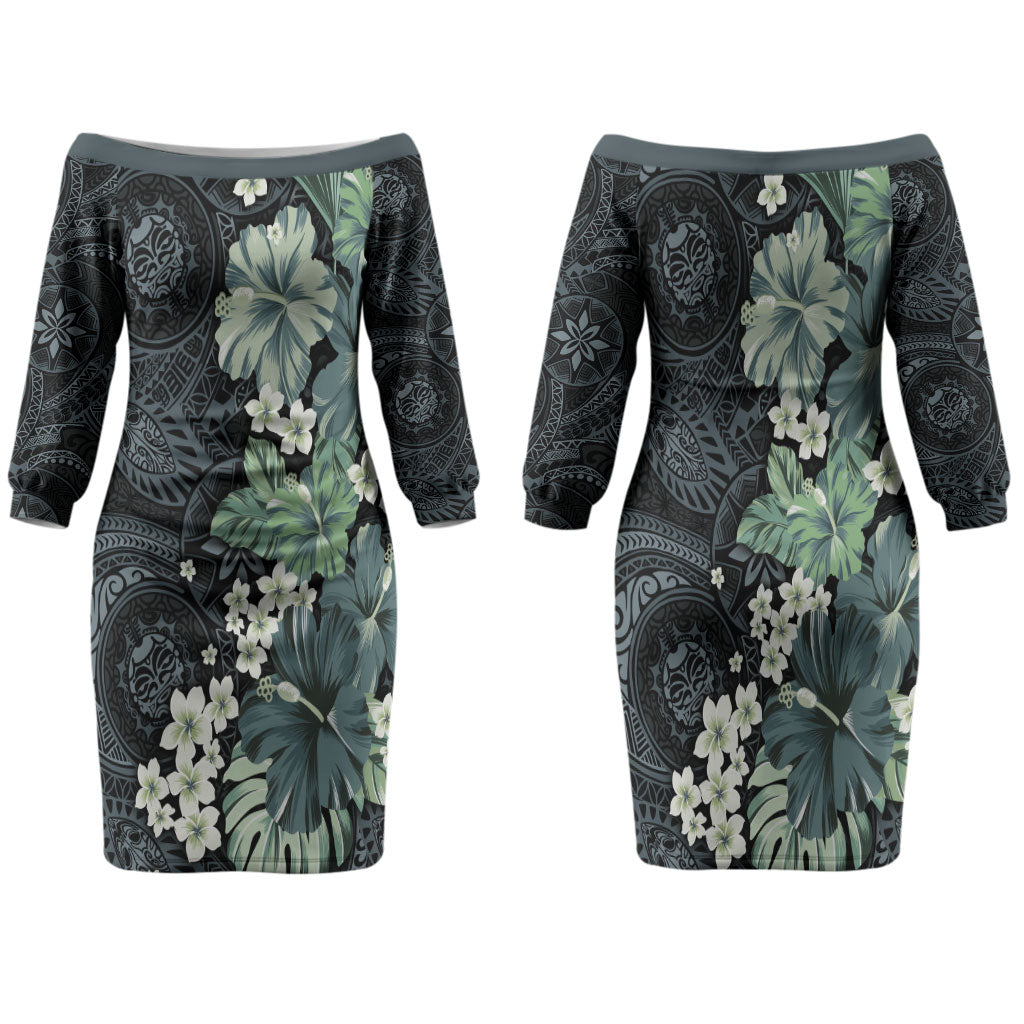 Pauliuli Hawai'i Hibiscus Family Matching Off The Shoulder Long Sleeve Dress and Hawaiian Shirt Polynesian Tribal Tattoo Pattern Floral Elements
