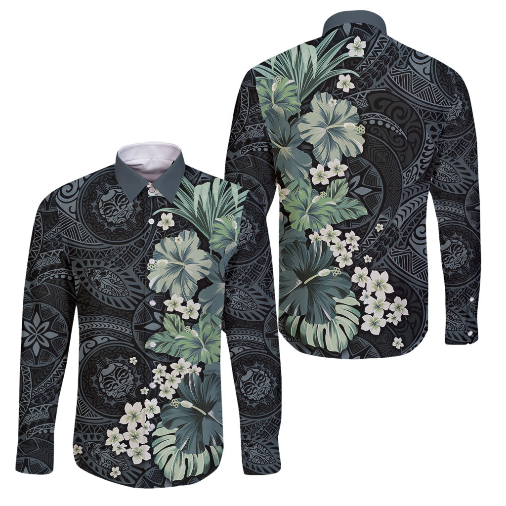 Pauliuli Hawai'i Hibiscus Family Matching Off The Shoulder Long Sleeve Dress and Hawaiian Shirt Polynesian Tribal Tattoo Pattern Floral Elements