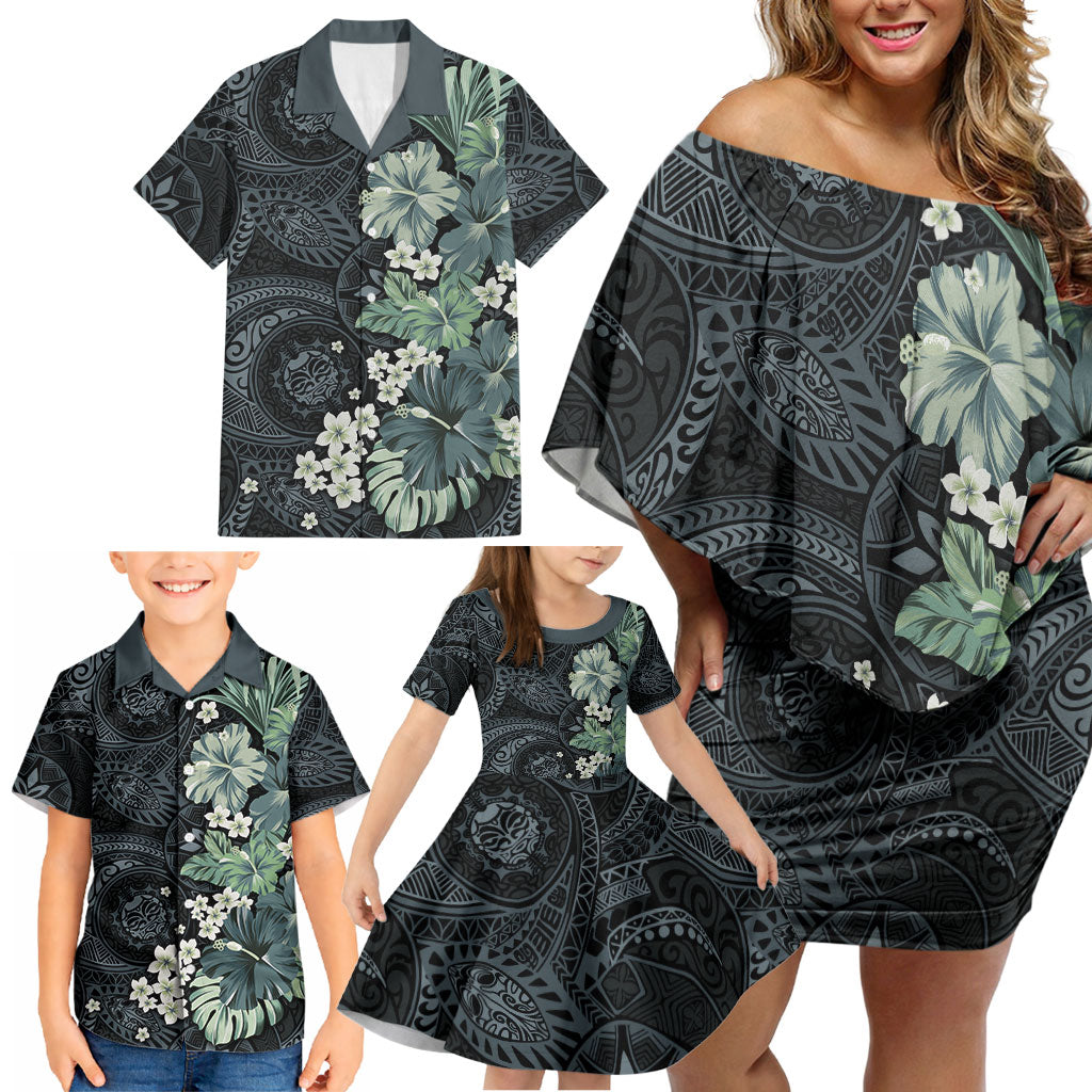 Pauliuli Hawai'i Hibiscus Family Matching Off Shoulder Short Dress and Hawaiian Shirt Polynesian Tribal Tattoo Pattern Floral Elements LT9 - Polynesian Pride