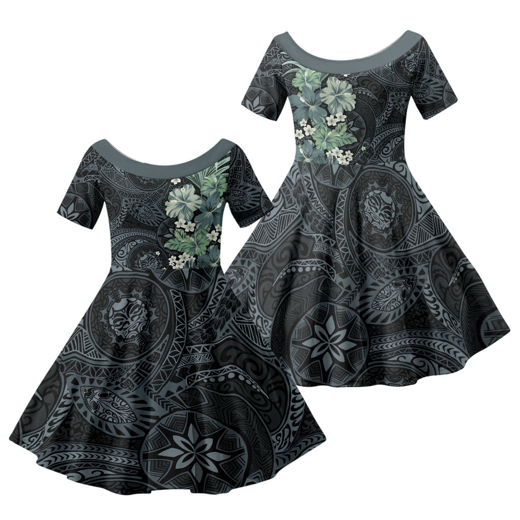 Pauliuli Hawai'i Hibiscus Family Matching Off Shoulder Short Dress and Hawaiian Shirt Polynesian Tribal Tattoo Pattern Floral Elements