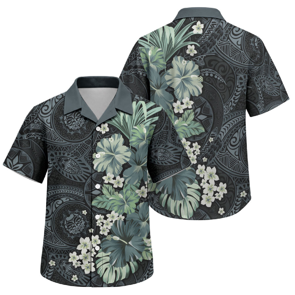 Pauliuli Hawai'i Hibiscus Family Matching Short Sleeve Bodycon Dress and Hawaiian Shirt Polynesian Tribal Tattoo Pattern Floral Elements