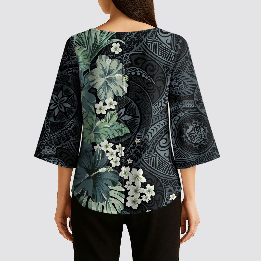 Pauliuli Hawai'i Hibiscus Kimono Sleeve Blouse Polynesian Tribal Tattoo Pattern Floral Elements