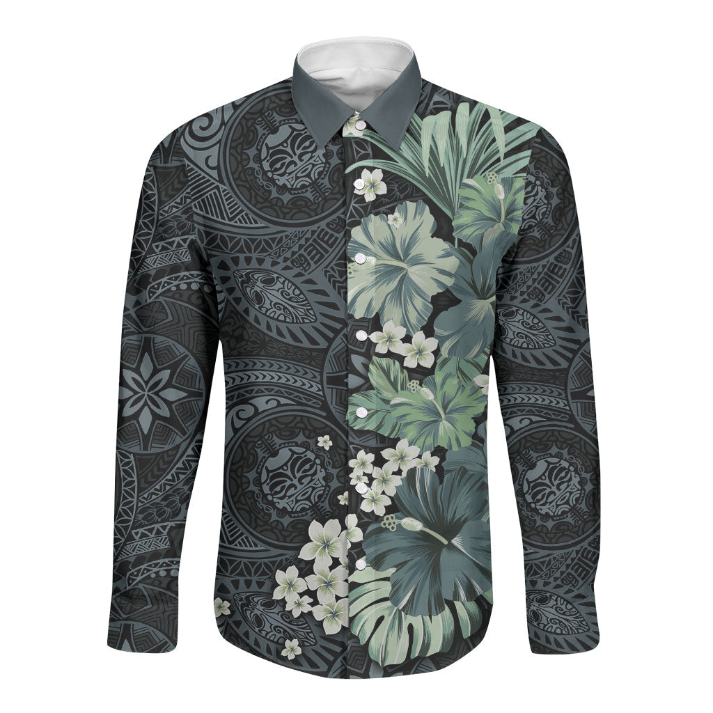 Pauliuli Hawai'i Hibiscus Long Sleeve Button Shirt Polynesian Tribal Tattoo Pattern Floral Elements