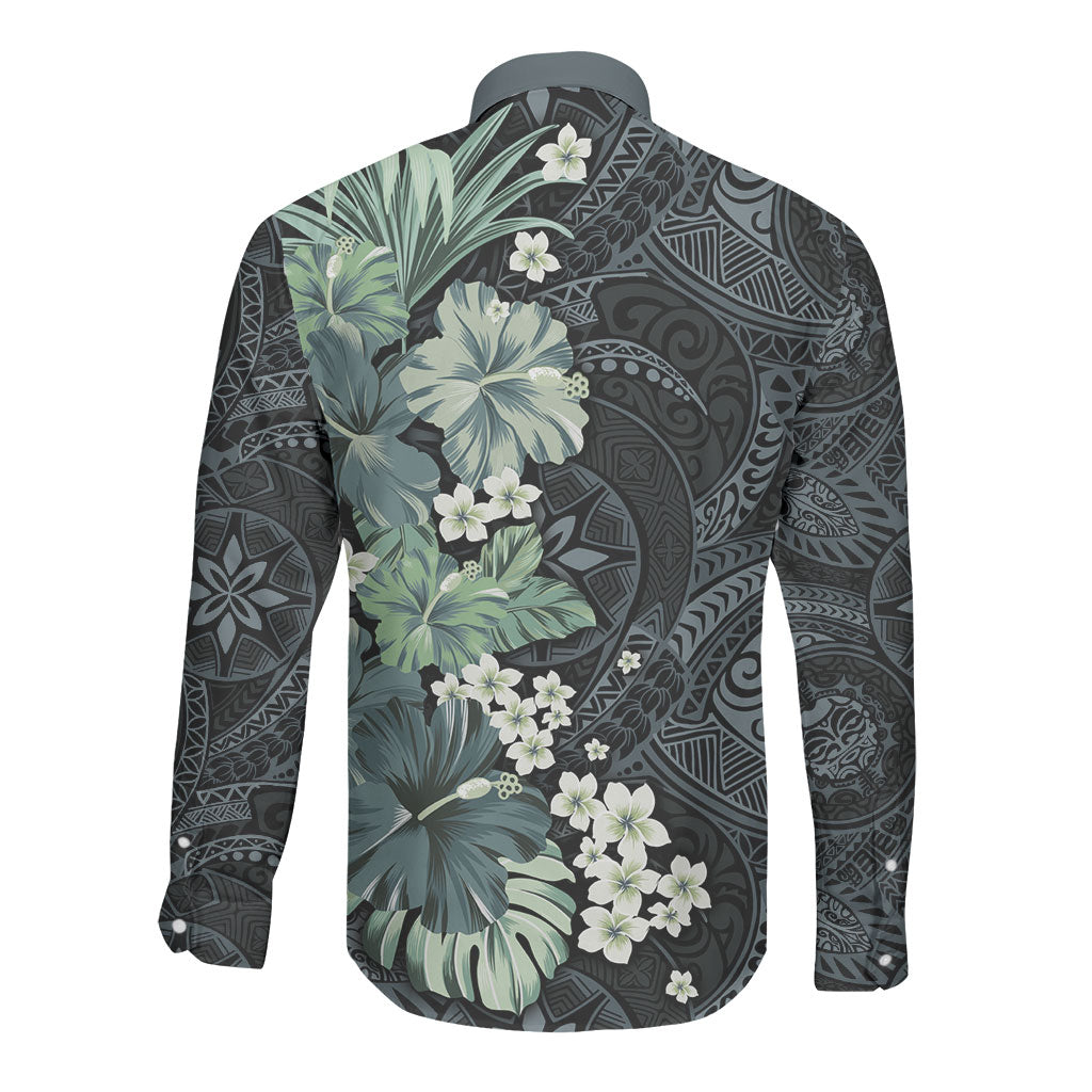 Pauliuli Hawai'i Hibiscus Long Sleeve Button Shirt Polynesian Tribal Tattoo Pattern Floral Elements