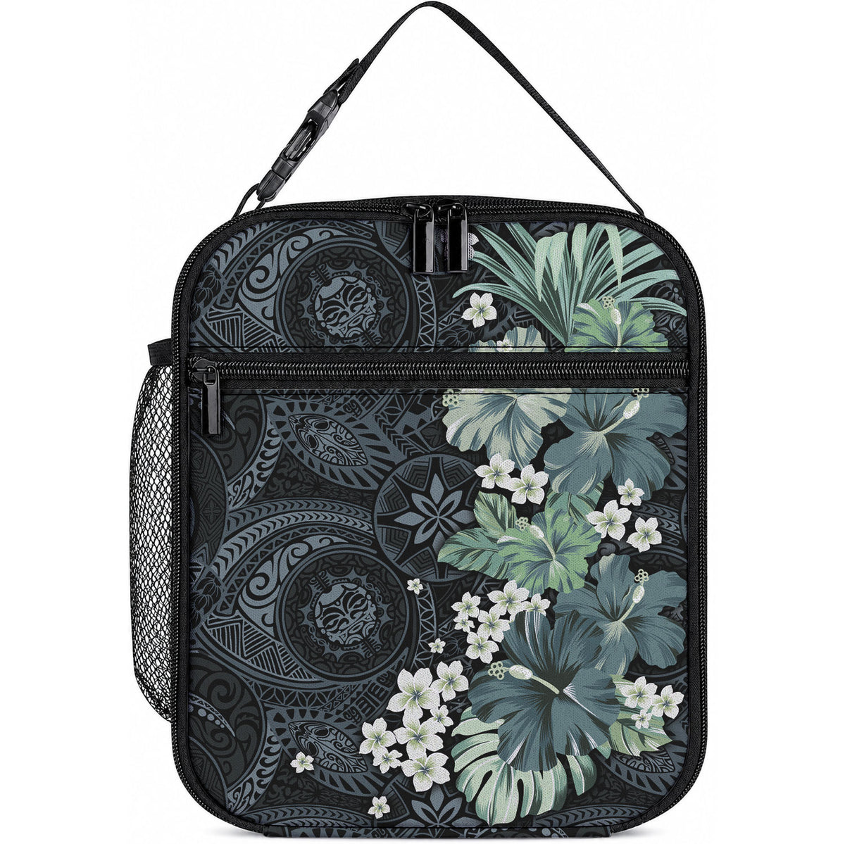 Pauliuli Hawai'i Hibiscus Lunch Bag Polynesian Tribal Tattoo Pattern Floral Elements LT9 10.2 × 8.3 × 4.3 inch Charcoal Blue - Polynesian Pride