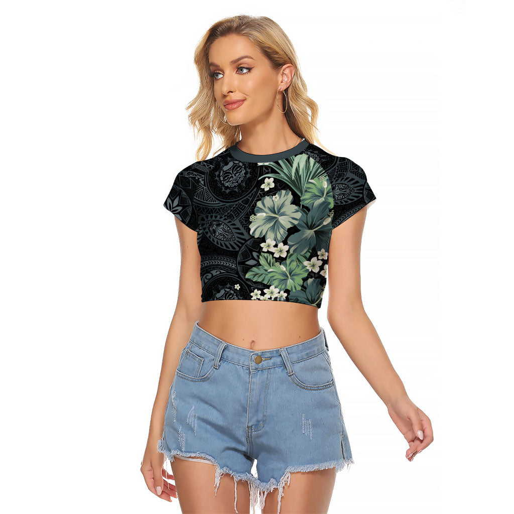 Pauliuli Hawai'i Hibiscus Raglan Cropped T Shirt Polynesian Tribal Tattoo Pattern Floral Elements