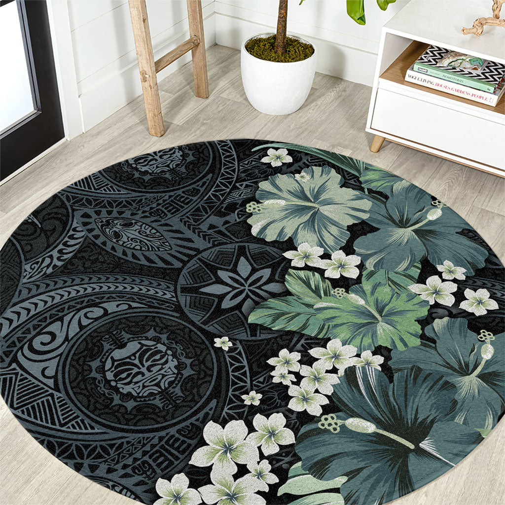 Pauliuli Hawai'i Hibiscus Round Carpet Polynesian Tribal Tattoo Pattern Floral Elements