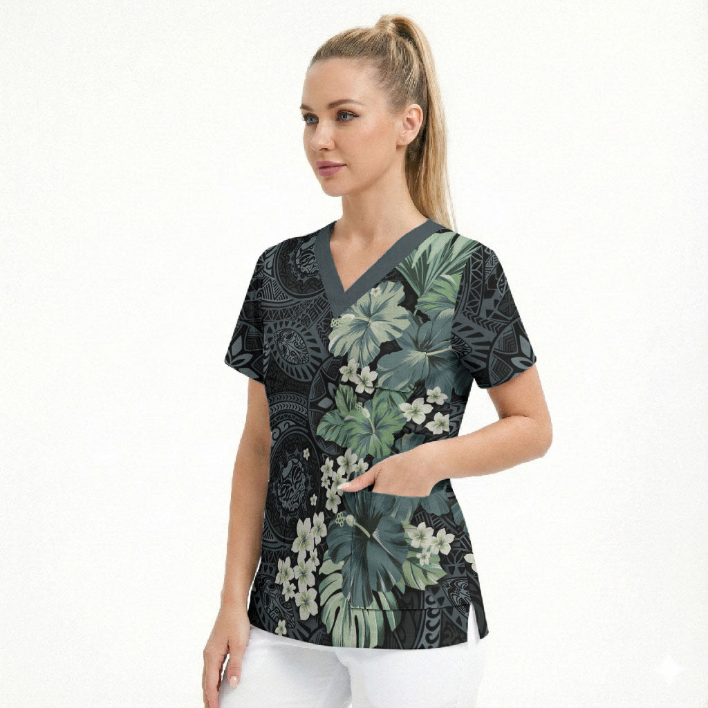 Pauliuli Hawai'i Hibiscus Scrub Top Polynesian Tribal Tattoo Pattern Floral Elements