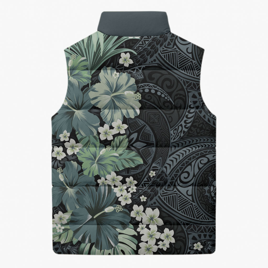 Pauliuli Hawai'i Hibiscus Sleeveless Puffer Jacket Polynesian Tribal Tattoo Pattern Floral Elements