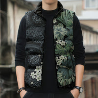 Pauliuli Hawai'i Hibiscus Sleeveless Puffer Jacket Polynesian Tribal Tattoo Pattern Floral Elements