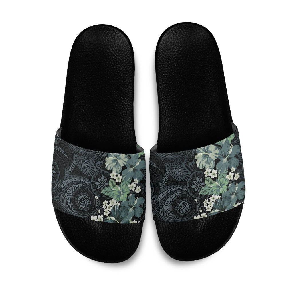 Pauliuli Hawai'i Hibiscus Slide Sandals Polynesian Tribal Tattoo Pattern Floral Elements